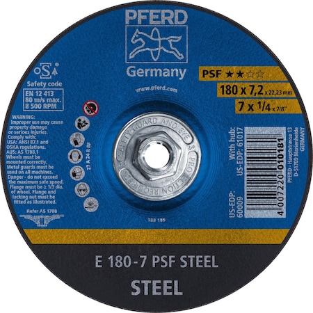 Pferd 60017 7in x 1/4in Grinding Wheel 5/8-11 A 24 R PSF- STEEL Type 27 60017-PFERD
